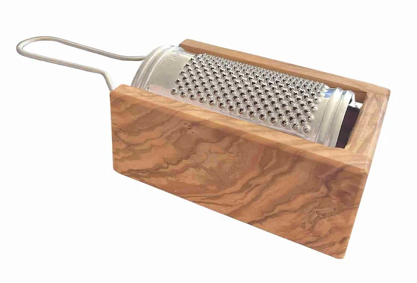 GRATTUGGIA IN LEGNO DI ULIVO CON BOX E ACCIAIO INOX CON MANICO