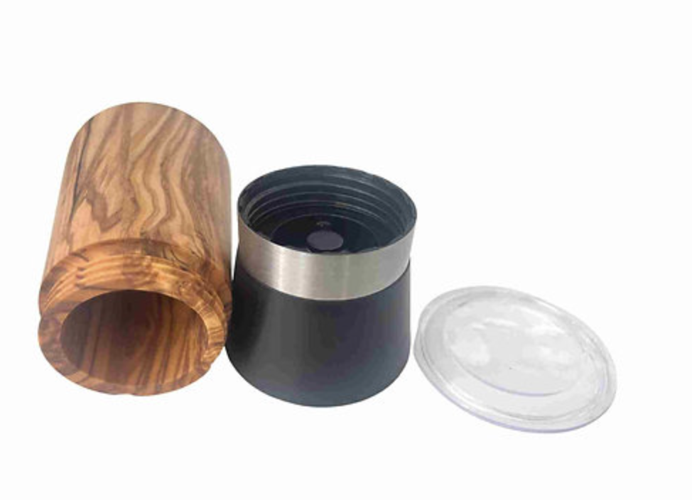 MACINA PEPE/SALE  IN LEGNO DI ULIVO CON SCATOLA REGALO E CONFETTI