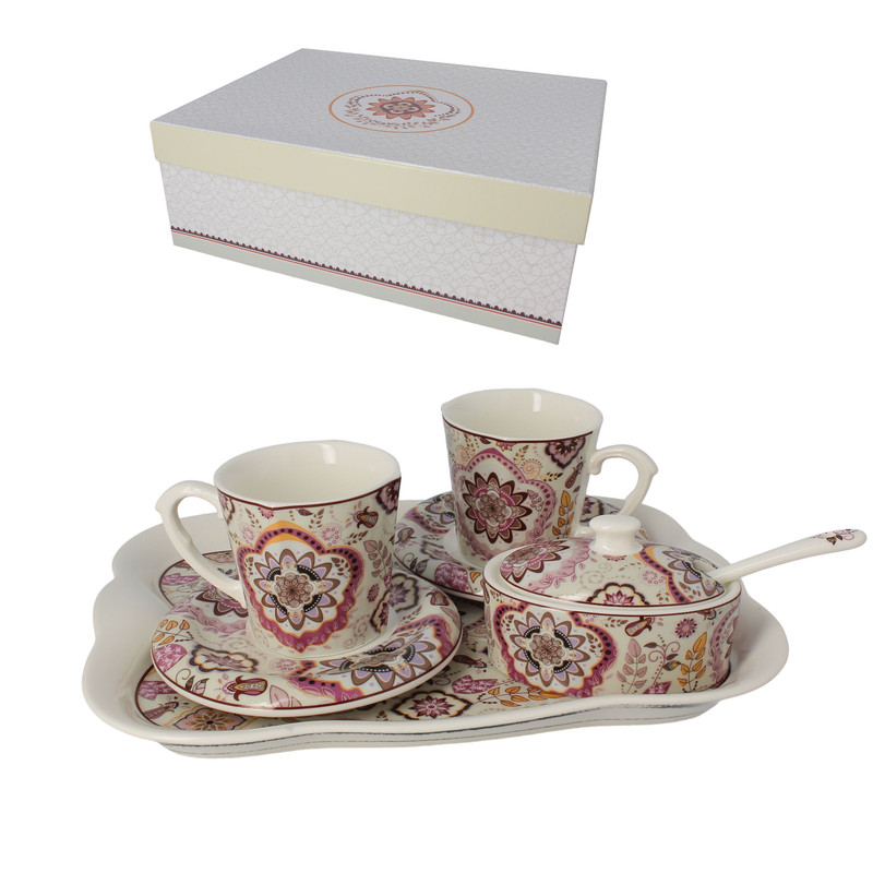 SET 2 TAZZINE C/PIATTINI, ZUCCHERIERA E VASSOIO PORCELLANA