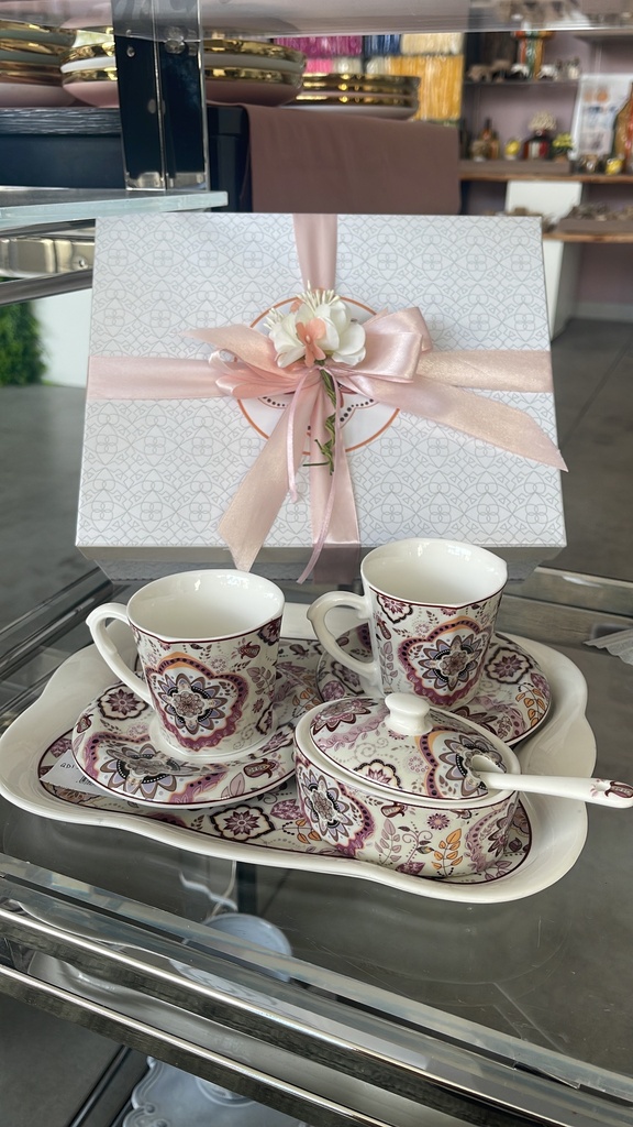 SET 2 TAZZINE C/PIATTINI, ZUCCHERIERA E VASSOIO PORCELLANA