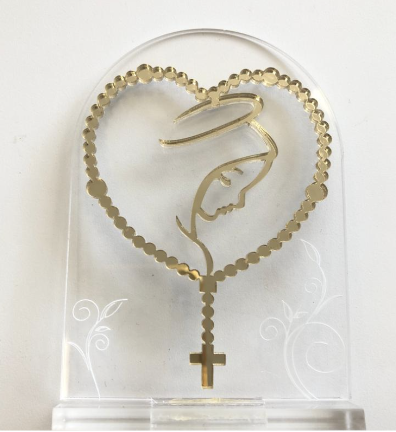  ICONA MADONNA CON ROSARIO PLEXI  CON APPOGGIO BOMBONIERA BATTESIMO, COMUNIONE