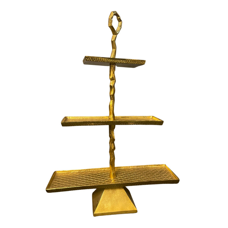 [2B23017] ALZATA RETTANGOLARE A 3 PIANI IN FERRO COLORE ORO MISURA  DIAMETRO 46,5|36|21.5 CM ALTEZZA 71 CM