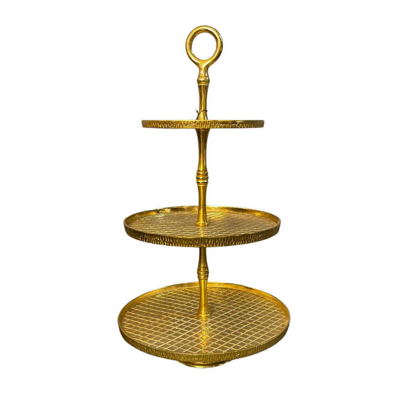[2B23016] ALZATA TONDA  A 3 PIANI IN FERRO COLORE ORO MISURA  DIAMETRO 38|33|24.5 CM ALTEZZA 67 CM