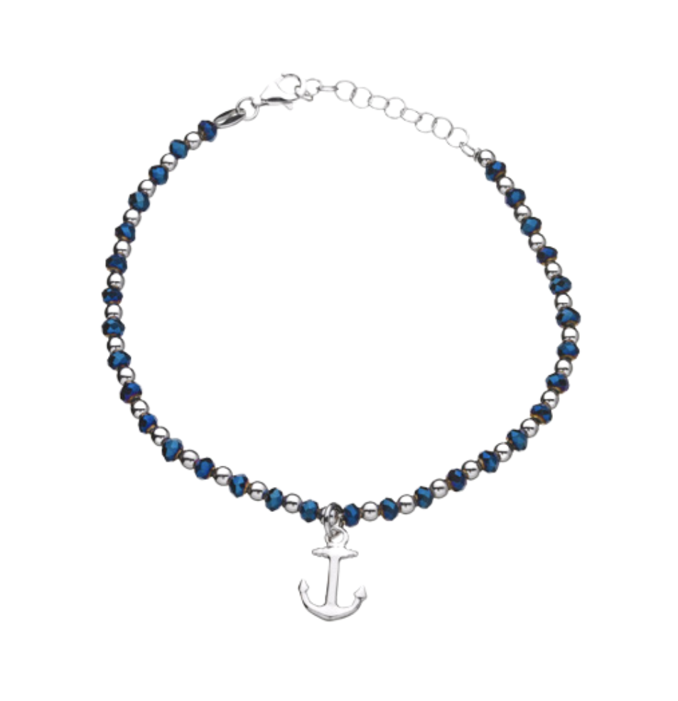 BRACCIALE PIENO CON PERLE BLU CON LOGO ANCORA MISURA 17 CM + 3 CM