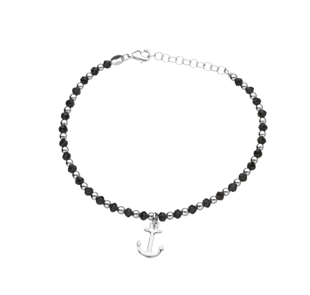 BRACCIALE PIENO CON PERLE NERE CON LOGO ANCORA MISURA 17 CM + 3 CM