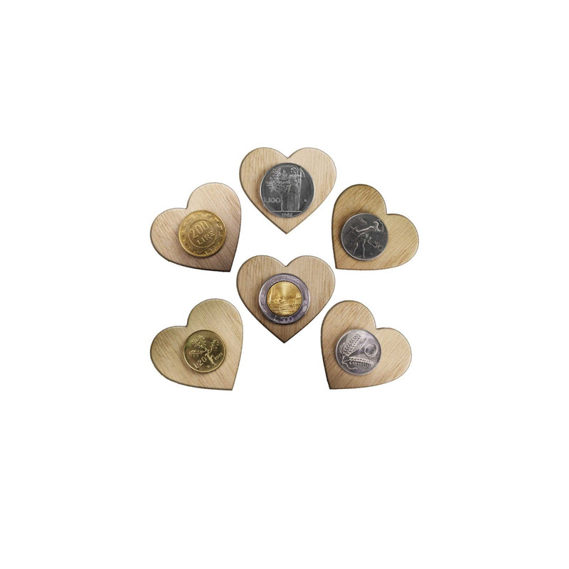 [D23007] Cuore in Legno calamita con Moneta Lira 6 ass.