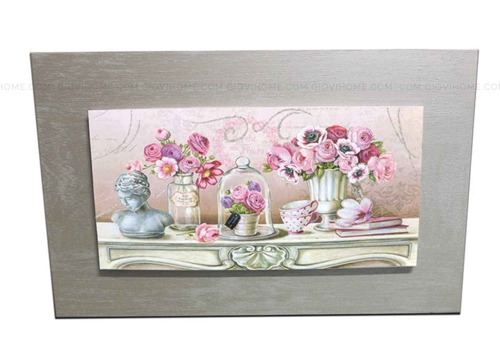 QUADRO  FIORI CON RICHIAMI ROSA ROMANTICO CORNICE LEGNO SILVER