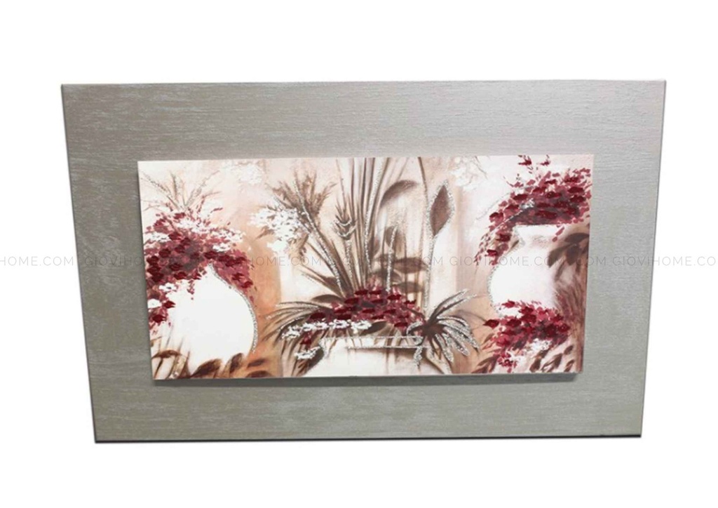 QUADRO  FIORI CON TOCCHI ROSSI MODERNI CORNICE LEGNO SILVER