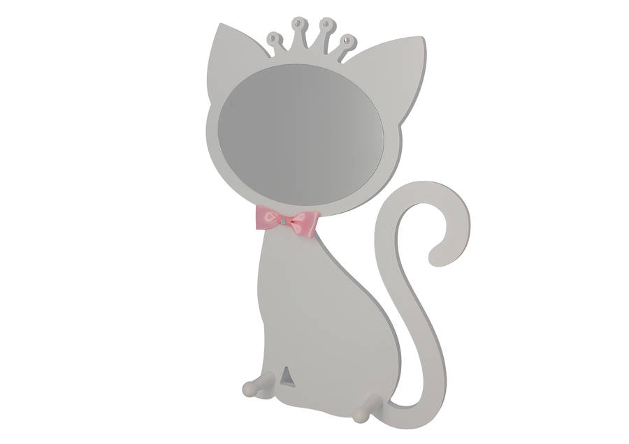 GATTO LEGNO SPECCHIO GATTINO BIANCO CON PAPILLON