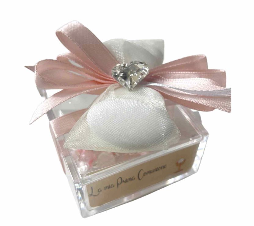 SCATOLINA PLEXI BRACCIALE  ROSARIO COMUNIONE  o BATTESIMO BOMBONIERA