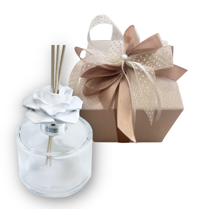 PROFUMATORE VETRO ROTONDO CON FIORE IN RESINA BIANCO