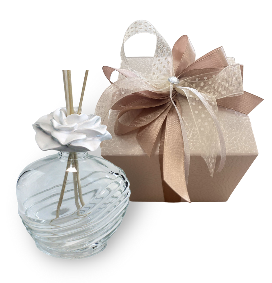 PROFUMATORE VETRO SAGOMATO CON FIORE IN RESINA BIANCO 