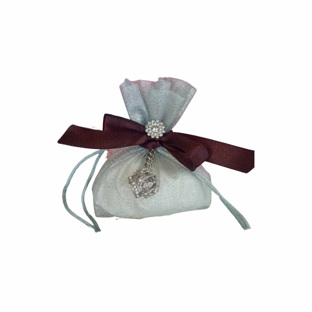 Sacchettino Argento luccicante con Portachiavi Corona Argentata Bomboniera Compleannoì, diciottesimo 18 