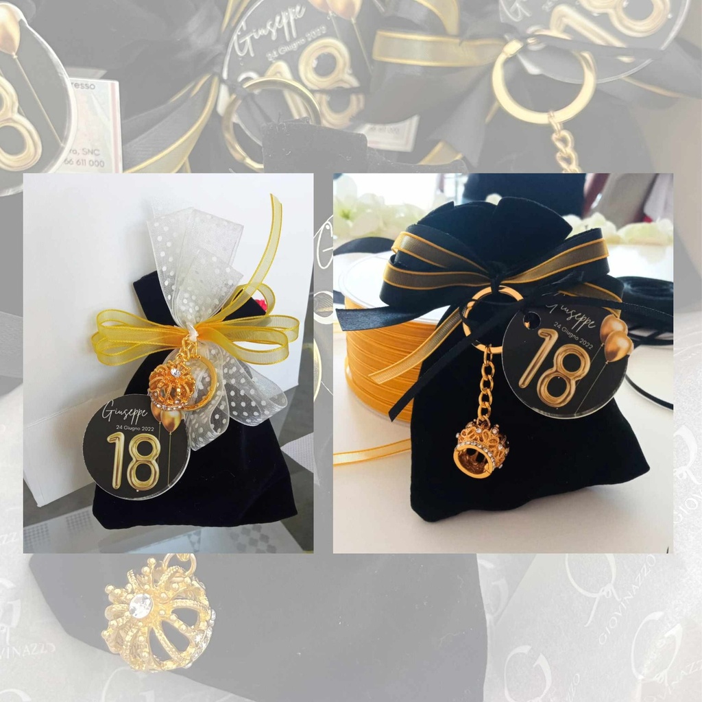 Sacchettino con Portachiavi Corona Piccola Oro Bomboniera Diciottesimo compleanno