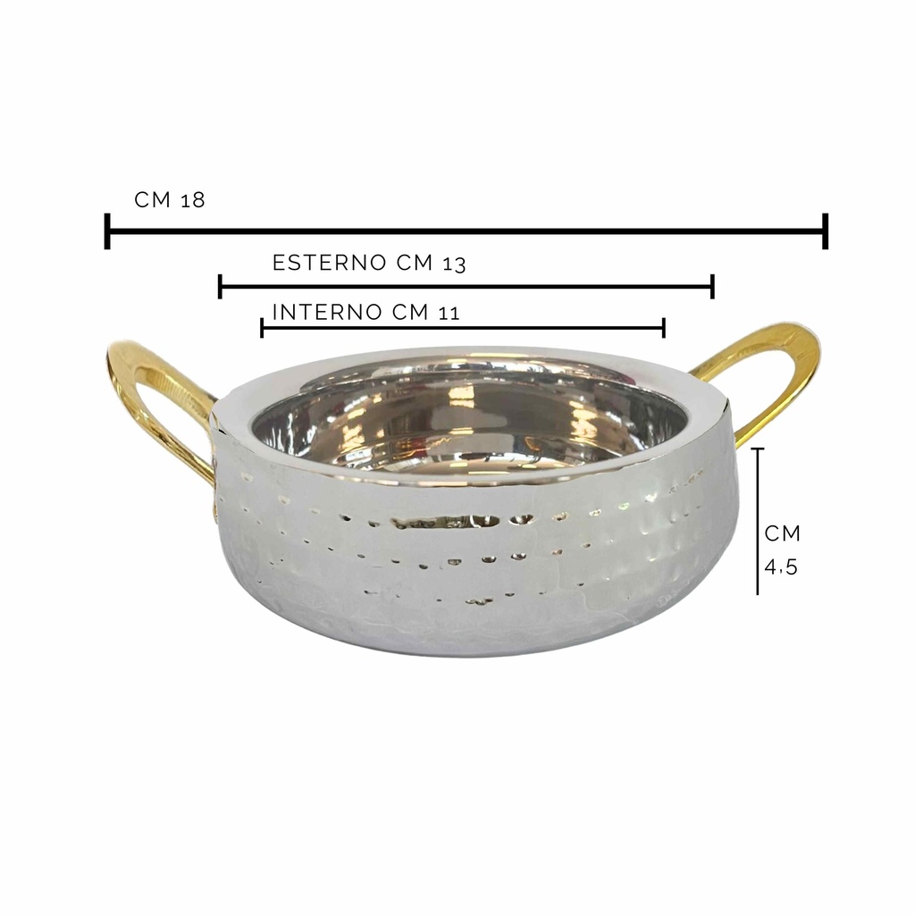 PENTOLINO TEGAMINO ACCIAIO DOPPIO FONDO DECORO MARTELLATO CON MANICI IN ORO