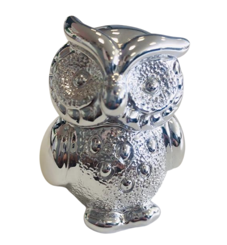 GUFO ARGENTATO POIS 2 MISURE PORTAFORTUNA LAUREA RESINA