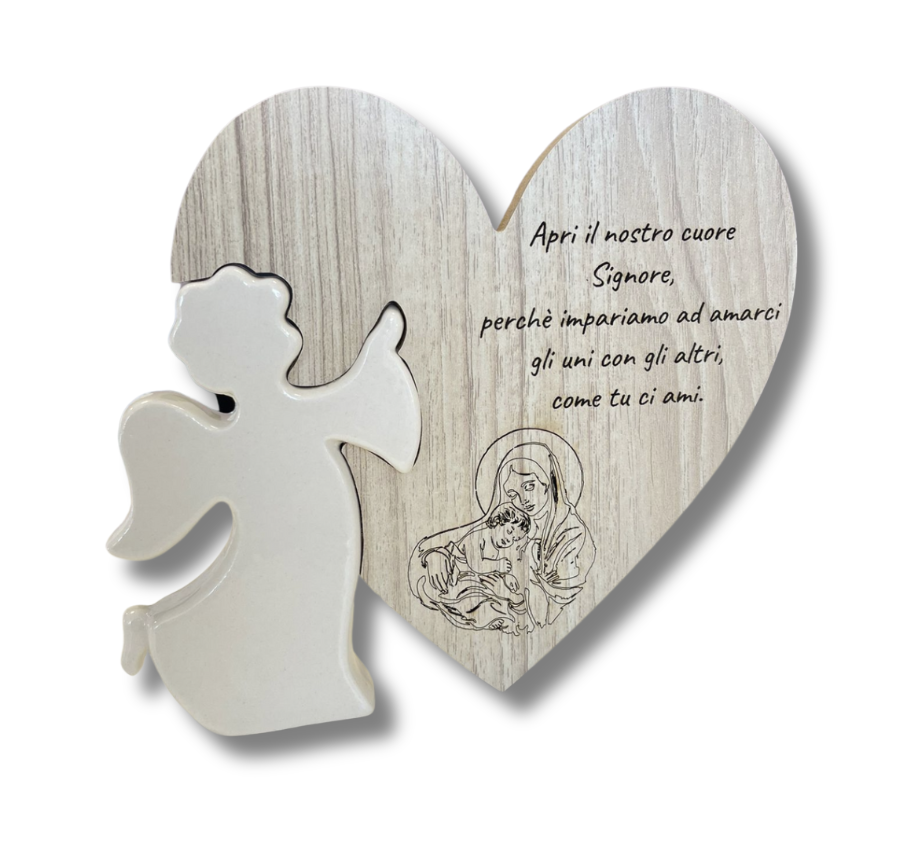 ANGELO PORCELLANA CON CUORE LEGNO "Apri il nostro cuore Signore...." BATTESIMO COMUNIONE E CRESIMA