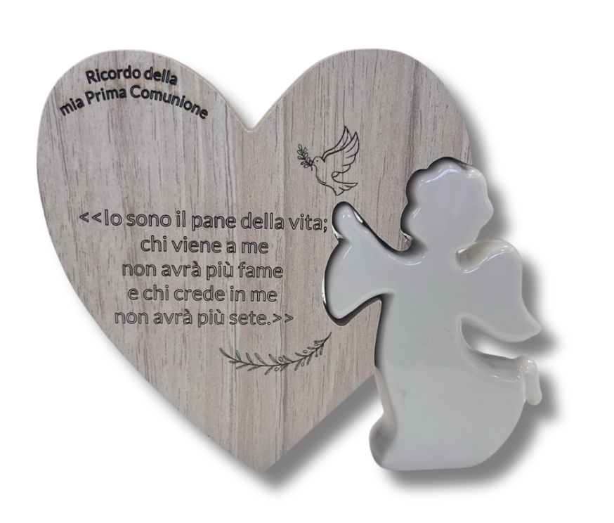 ANGELO PORCELLANA CON CUORE LEGNO CON INCISIONE "Io sono il pane... COMUNIONE  