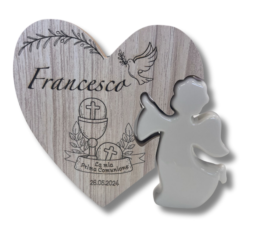 ANGELO PORCELLANA CON CUORE LEGNO COMUNIONE  CON NOME E ICONA COMUNIONE E/O CRESIMA
