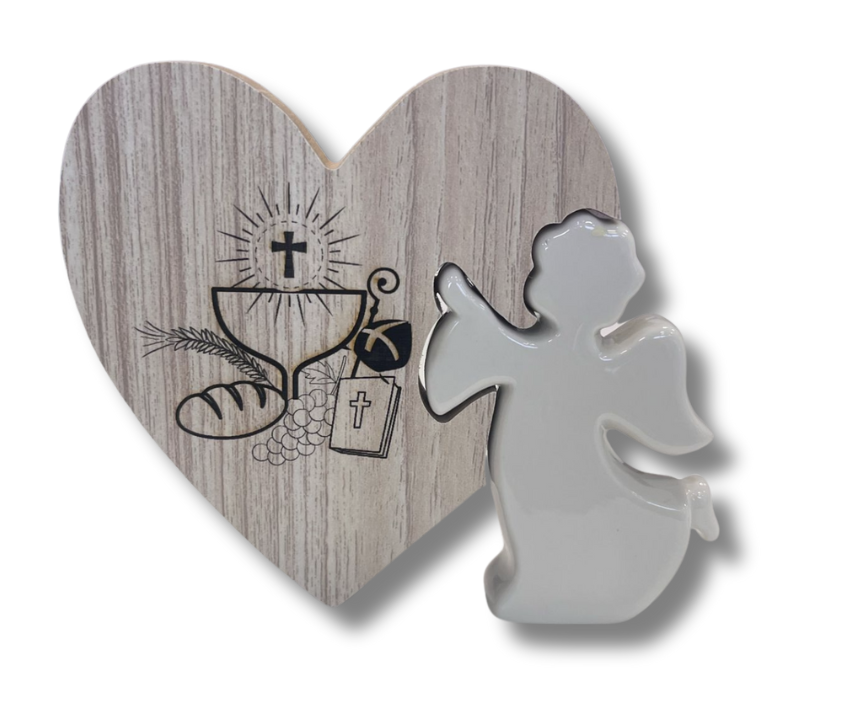 ANGELO PORCELLANA CON CUORE LEGNO ICONA COMUNIONE E/O CRESIMA 
