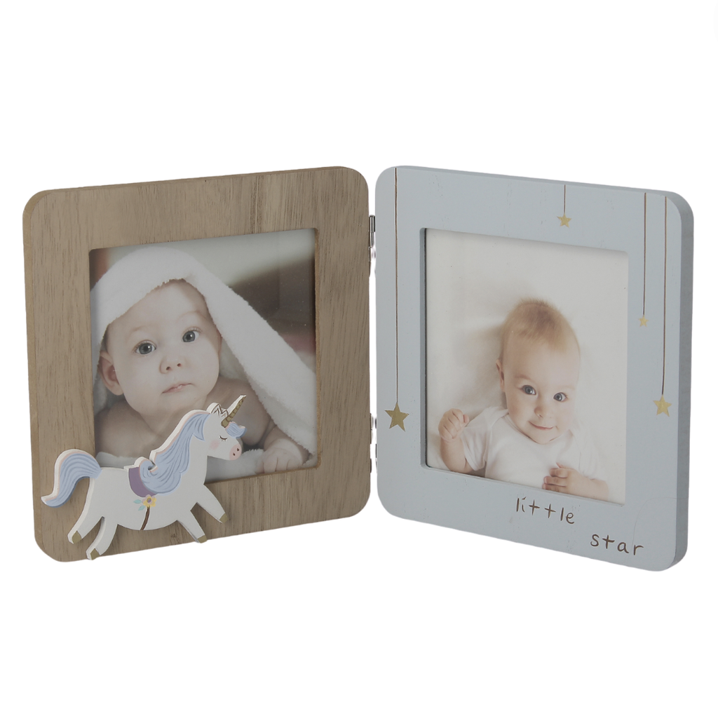 Portafoto legno doppio per bimbo con unicorno Battesimo, compleanno, regali