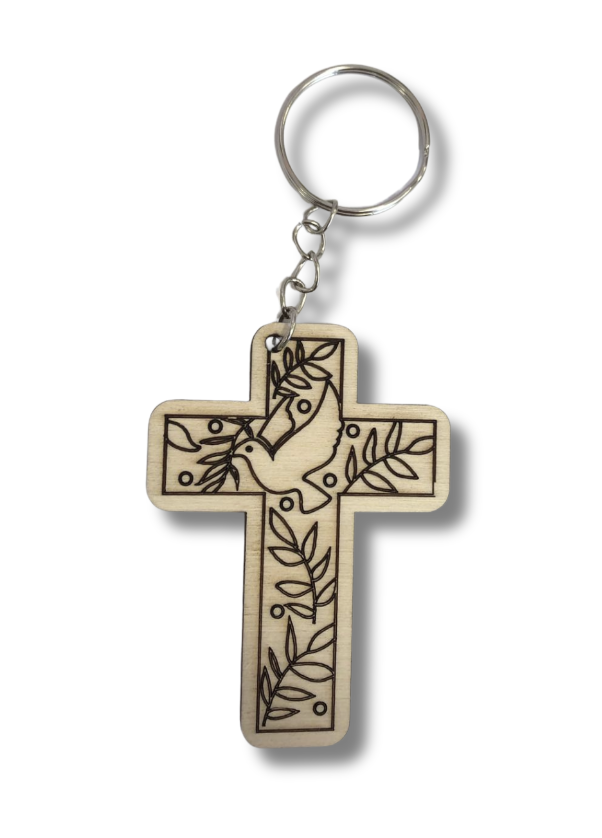 PORTACHIAVE CROCE CON COLOMBA LEGNO  BOMBONIERA COMUNIONE