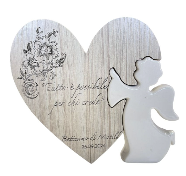 ANGELO PORCELLANA CON CUORE LEGNO "Tutto è possibile ...." BATTESIMO COMUNIONE E CRESIMA