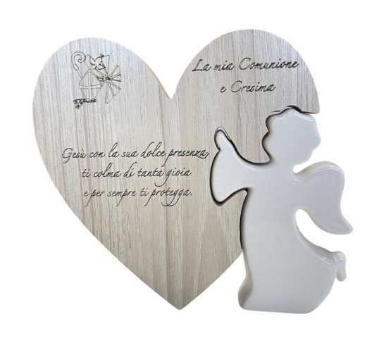 ANGELO PORCELLANA CON CUORE LEGNO "Gesù con la sua dolce presenza...." BATTESIMO COMUNIONE E CRESIMA 