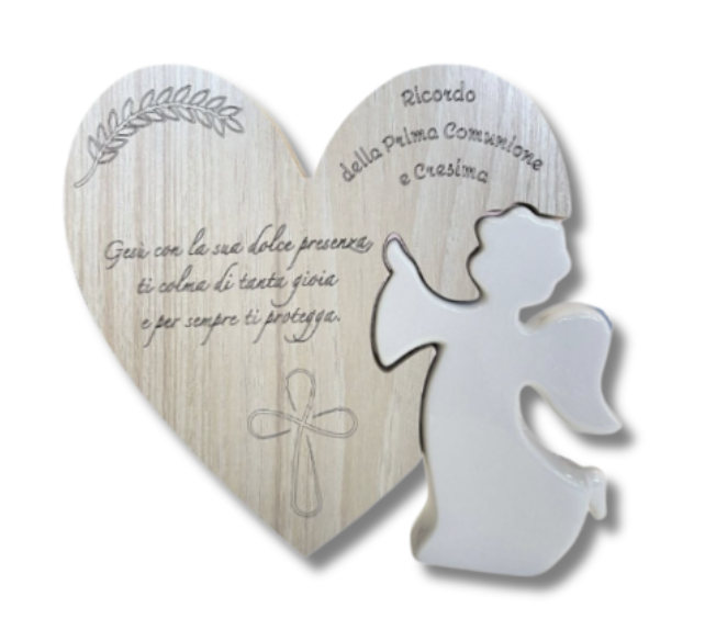ANGELO PORCELLANA CON CUORE LEGNO "Gesù con la sua dolce presenza...." CON CROCE E DECORO BATTESIMO COMUNIONE E CRESIMA