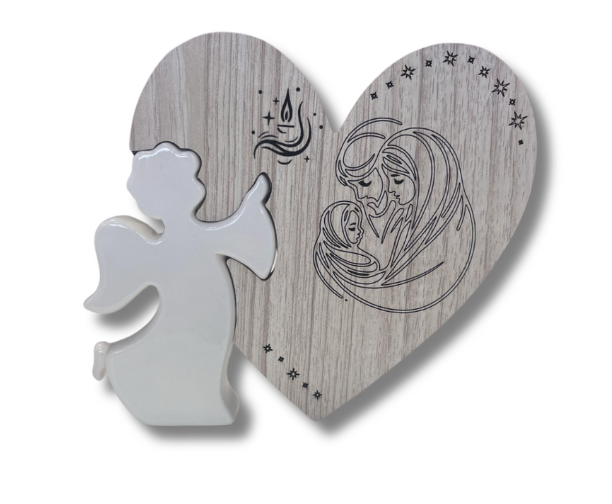 ANGELO PORCELLANA CON CUORE LEGNO ICONA SACRA FAMIGLIA BATTESIMO COMUNIONE E/O CRESIMA