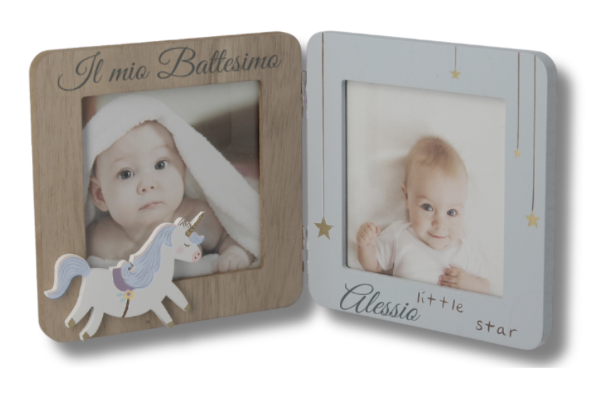 PORTAFOTO DOPPIO LEGNO CON INCISIONE BATTESIMO
