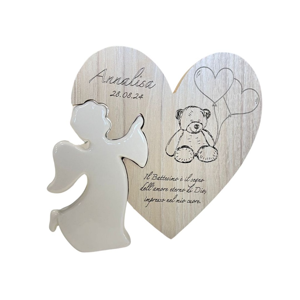 ANGELO PORCELLANA CON CUORE LEGNO INCISO CON ORSACCHIOTTO E DEDICA,  BATTESIMO 