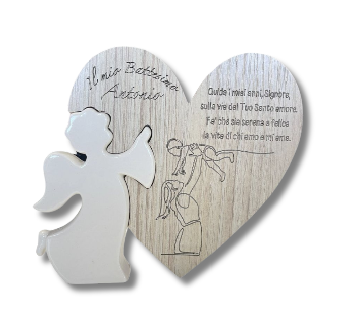 ANGELO PORCELLANA CON CUORE LEGNO "Guida i miei passi ...." BATTESIMO 