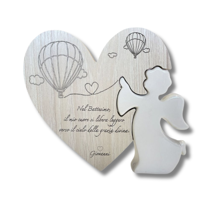 ANGELO PORCELLANA CON CUORE LEGNO "Nel Battesimo il mio cuore si libera...." BATTESIMO 