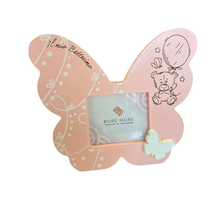 PORTA FOTO FARFALLA LEGNO PERSONALIZZATO  CON ORSETTO E PALLONCINO BATTESIMO  