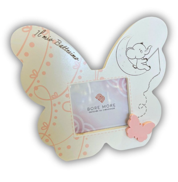 PORTA FOTO FARFALLA LEGNO PERSONALIZZATO  CON ELEFANTINO BATTESIMO 