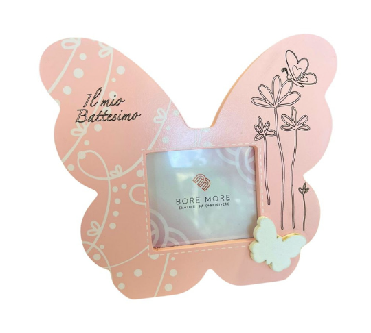 PORTA FOTO FARFALLA LEGNO PERSONALIZZATO  CON FIORI BATTESIMO