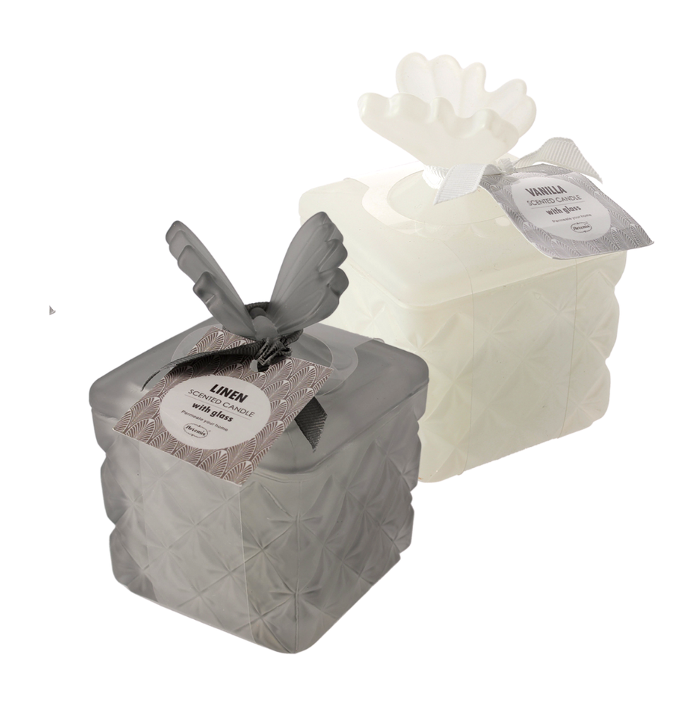 SCATOLA CON FARFALLA IN VETRO PANNA E NERO CON CANDELA PROFUMATA GRANDE