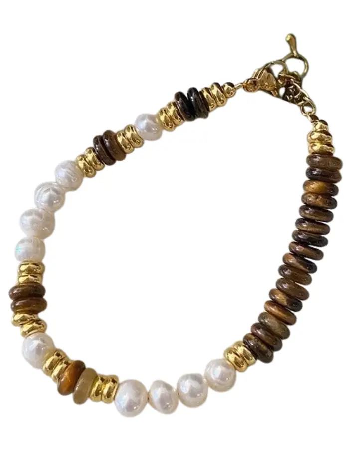 BRACCIALE CON PIETRE MARRONI ED ELEMENTI IN ACCIAIO