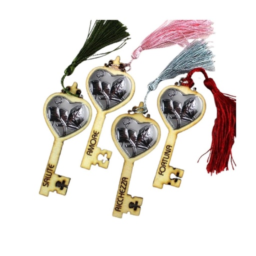 [D23017] [D23017]  Chiave Portafortuna con nappina per Cresima 4 sogg. assortiti